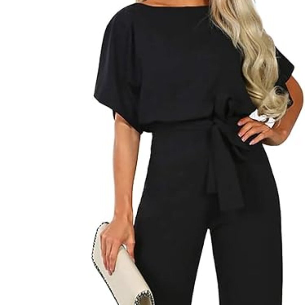 Alelly Women's Summer Short Sleeves Elegant Playsuit Wide Leg Jumpsuit Romper Bl